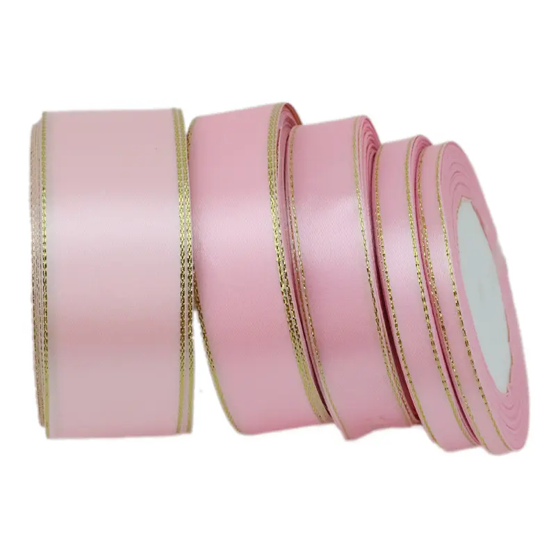 (25 yards/roll) pink gold Edge Satin Ribbon Wholesale Gift Christmas ribbons (6/10/20/25/40mm)