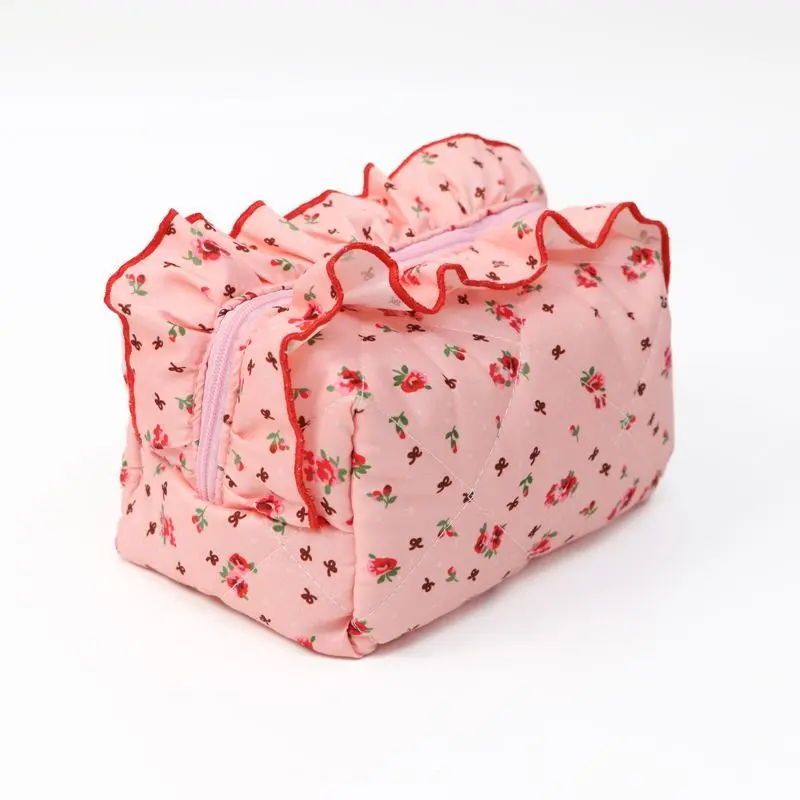 New Women Lace Vintage Flower Quilted Cosmetic Bag Large Capacity Toiletry Makeup Storage Pouch Handbag Small Cute Zipper Bags