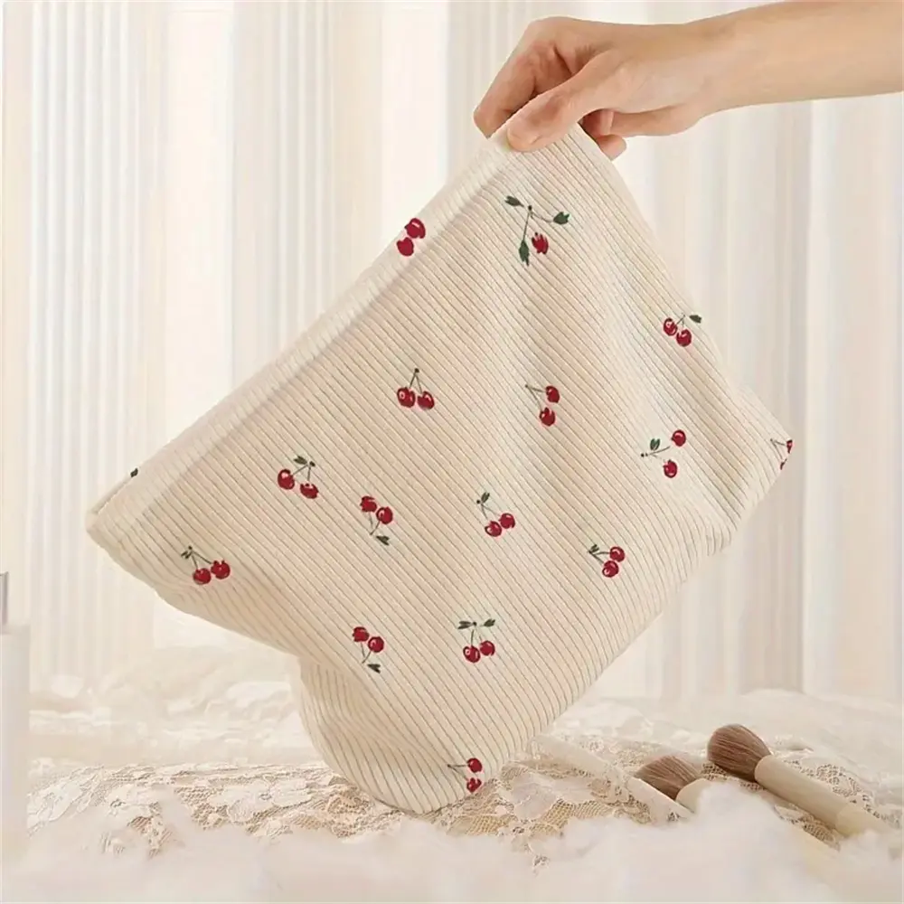 Cherry Printed Corduroy Makeup Bag Lightweight Zipper Makeup Storage Box Multifunctional Bag with Lining Cosmetic Organizer Bag