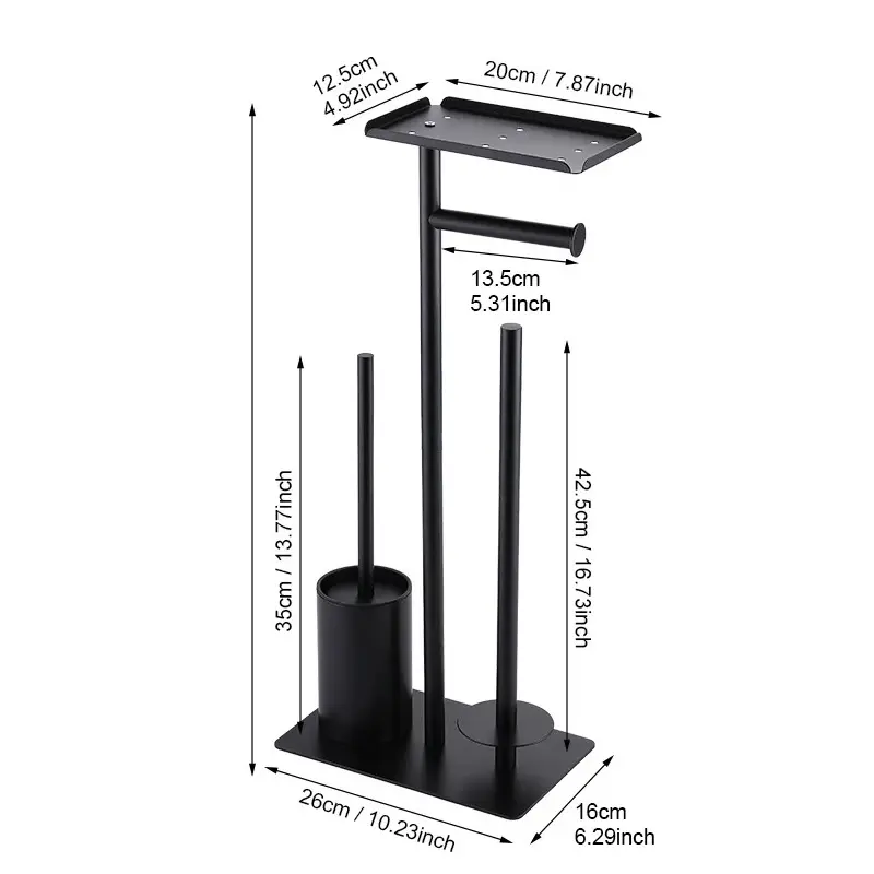 Bathroom Floor Standing Tissue Holder, Mobile Toilet Paper Stand with Storage, No Nail Mount, Includes Brush & Roll Paper Holder
