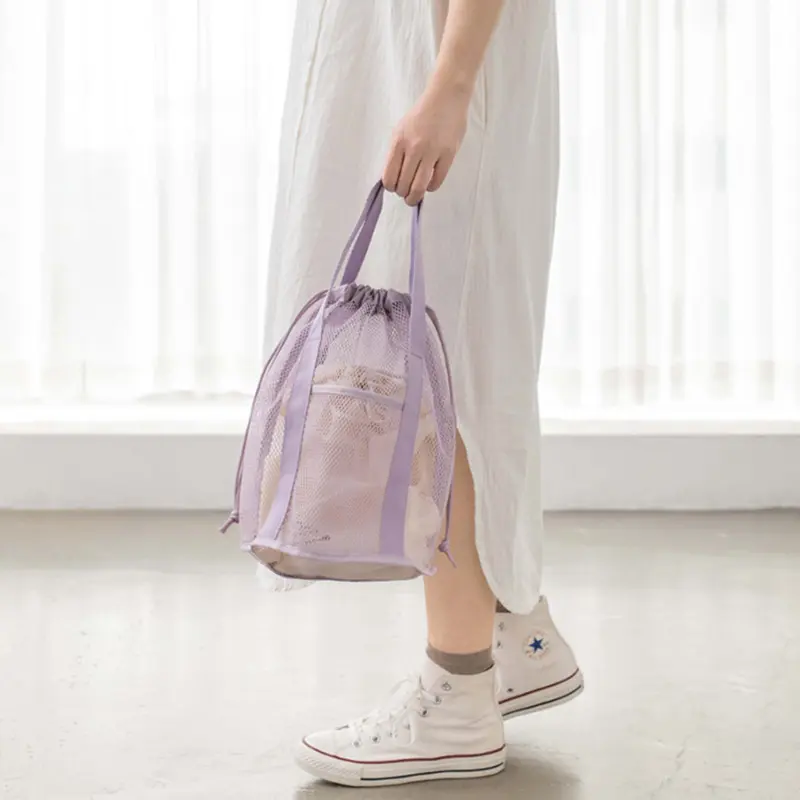 Travel Large Capacity Mesh Nylon Cosmetic Bag Organizer Foldable Casual Mesh Drawstring Bags Rope Bundle Pocket Swim Washing Bag