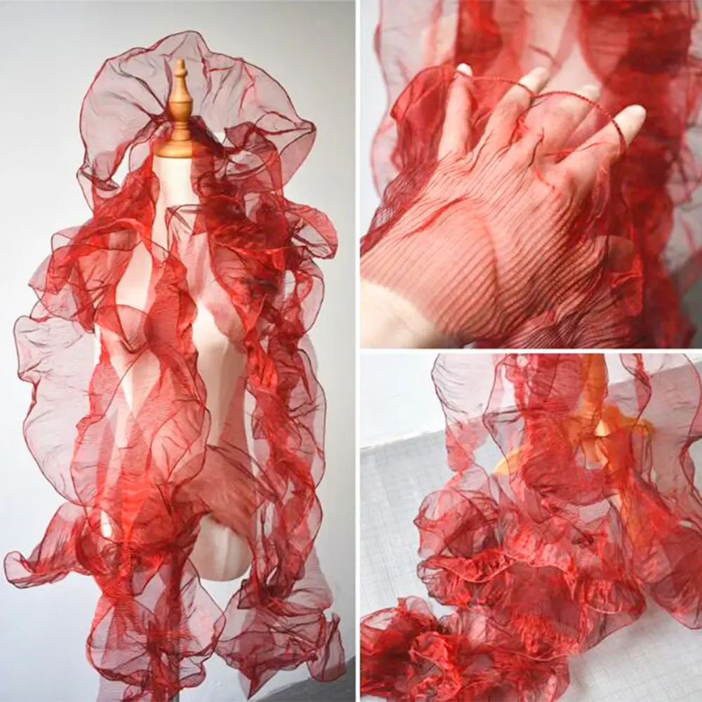 Iridescent Laser Gradient Organza Lace Fabric Pleated Ribbon For Wedding Dress DIY Ruffles Trim Sewing Clothes Accessories 1Yard