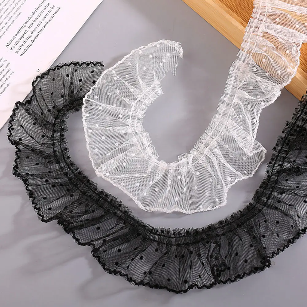 2025 Trendy 5cm Width Black White 3D Pleated Lace Ribbon Polka Dot Embroidery Ruffle Trim for BJD Doll Dress Collar DIY