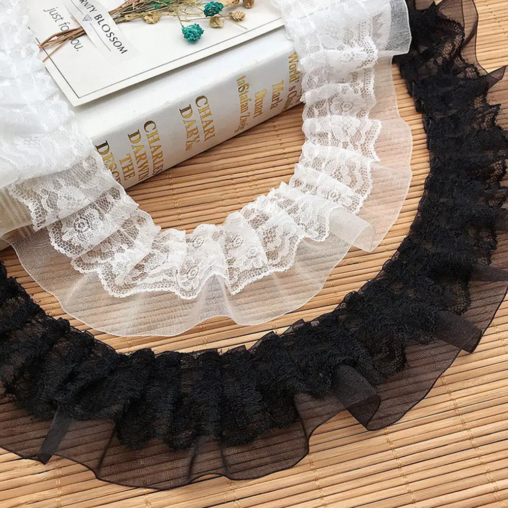 5cm Wide Black White 3D Pleated Chiffon Lace Trim Ribbon for DIY Wedding Dress Sewing Luxury Embroidery Applique Fabric Decor