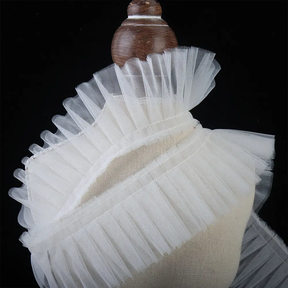 5CM Double Layer 3D Pleated Mesh Lace Trim Embroidered Collar Ruffle for Sleeve Cuffs DIY Skirt Hem & Bridal Dress Decoration