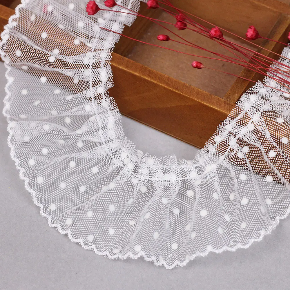 2025 Trendy 5cm Width Black White 3D Pleated Lace Ribbon Polka Dot Embroidery Ruffle Trim for BJD Doll Dress Collar DIY