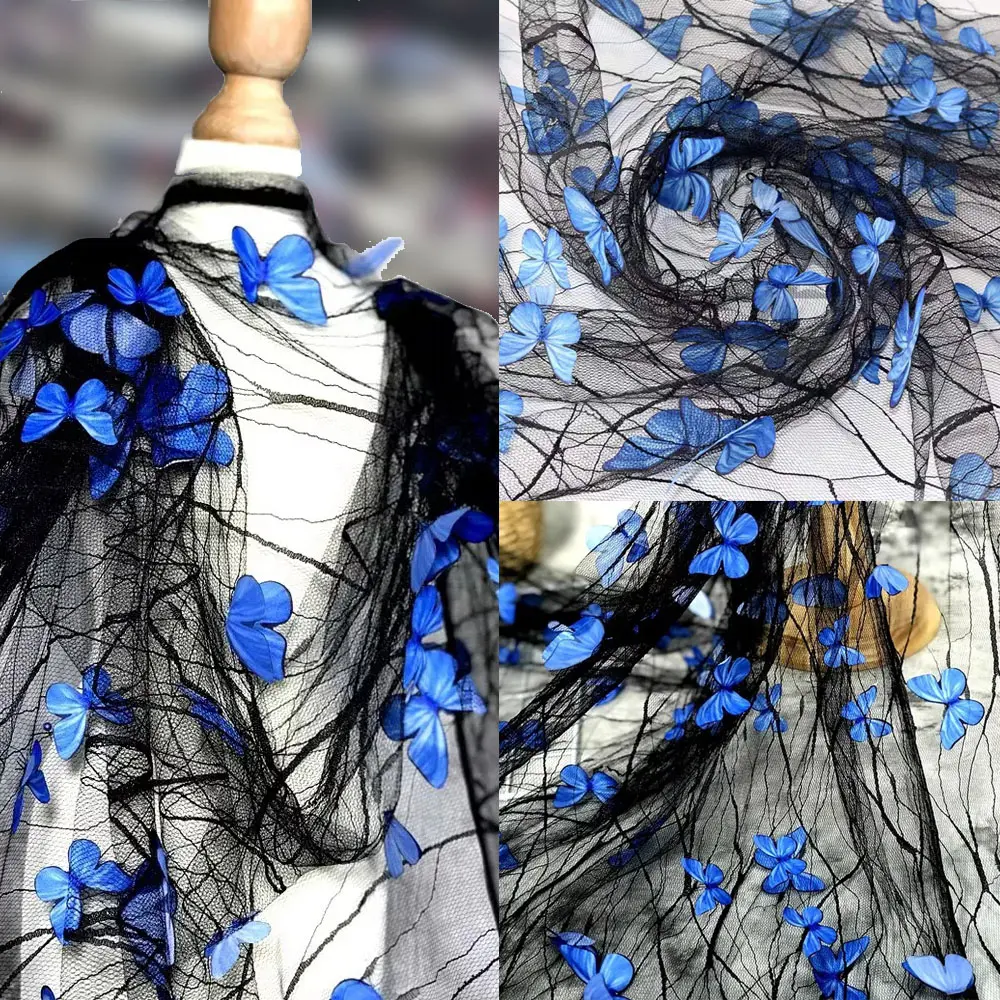 1Yard 3D Vivid Butterfly Flower Embroidery Lace Fabric French Tulle Mesh for Sewing Girls Bridal Veil & Evening Gown DIY Crafts