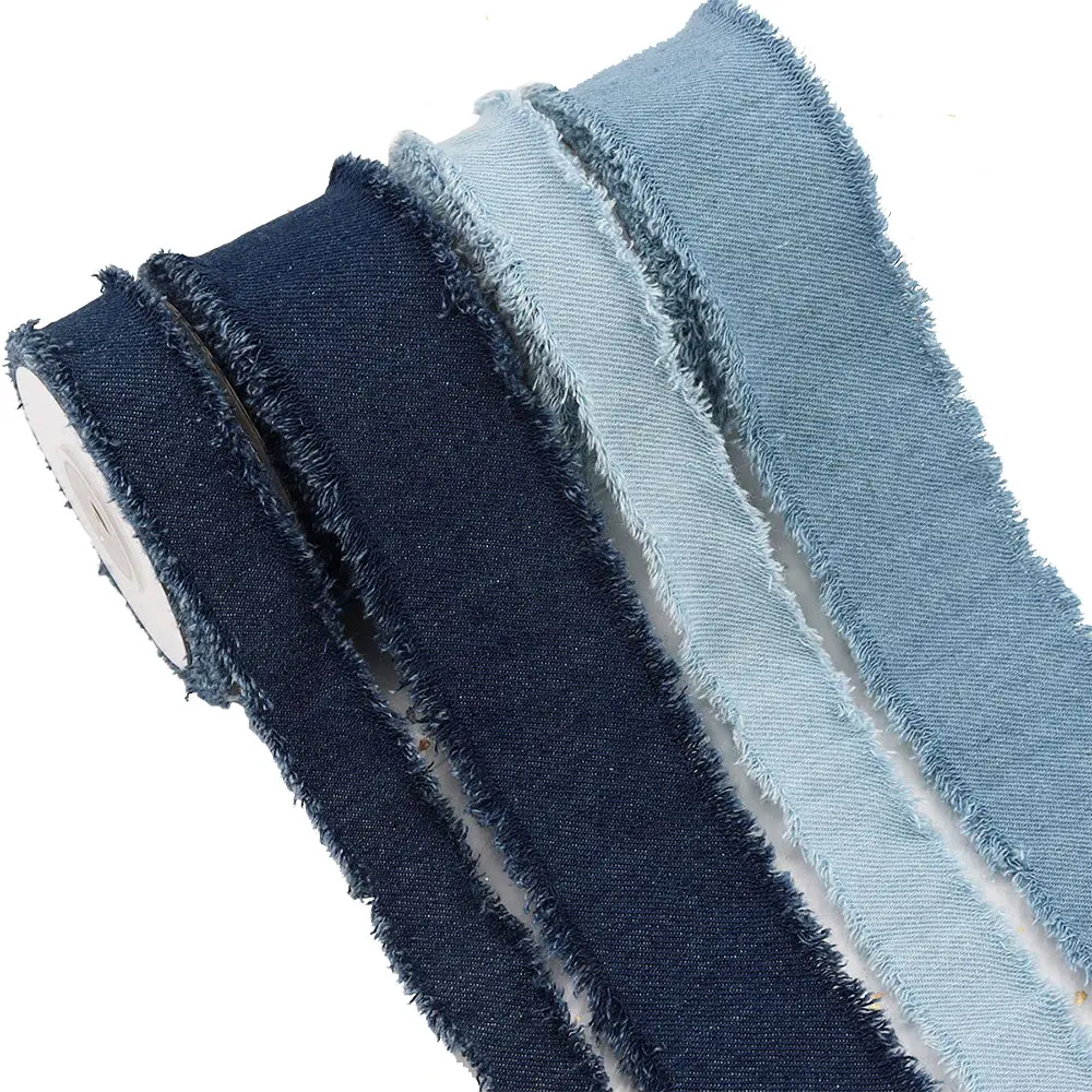 Denim Blue Polyester Ribbon with Spool Handmade Fringe Frayed Fabric Cloth for Wedding Invitations Bridal Bouquets Gift Wrapping