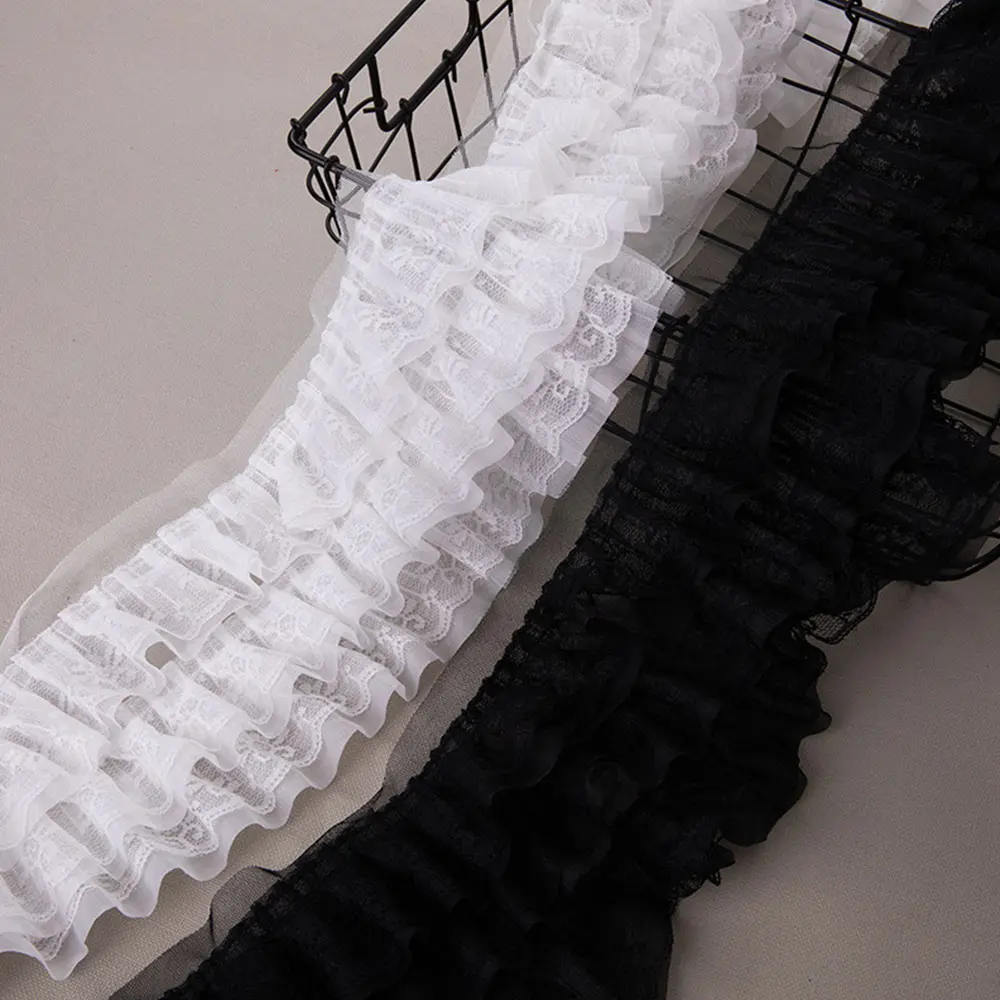 2025 Trendy 13cm 3-Layer Chiffon Fringe Trim 1Yard White Black 3D Pleated for Wedding Sewing Material Accessories