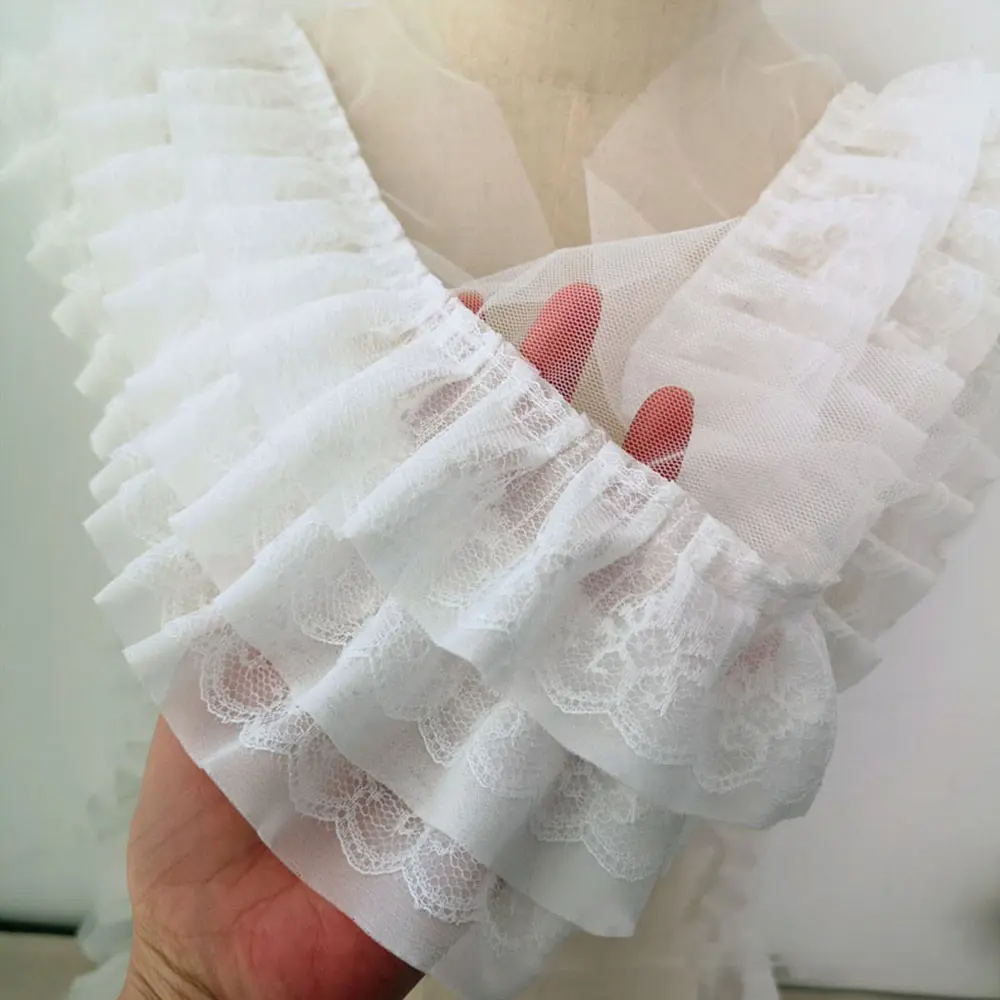 2025 Trendy 13cm 3-Layer Chiffon Fringe Trim 1Yard White Black 3D Pleated for Wedding Sewing Material Accessories
