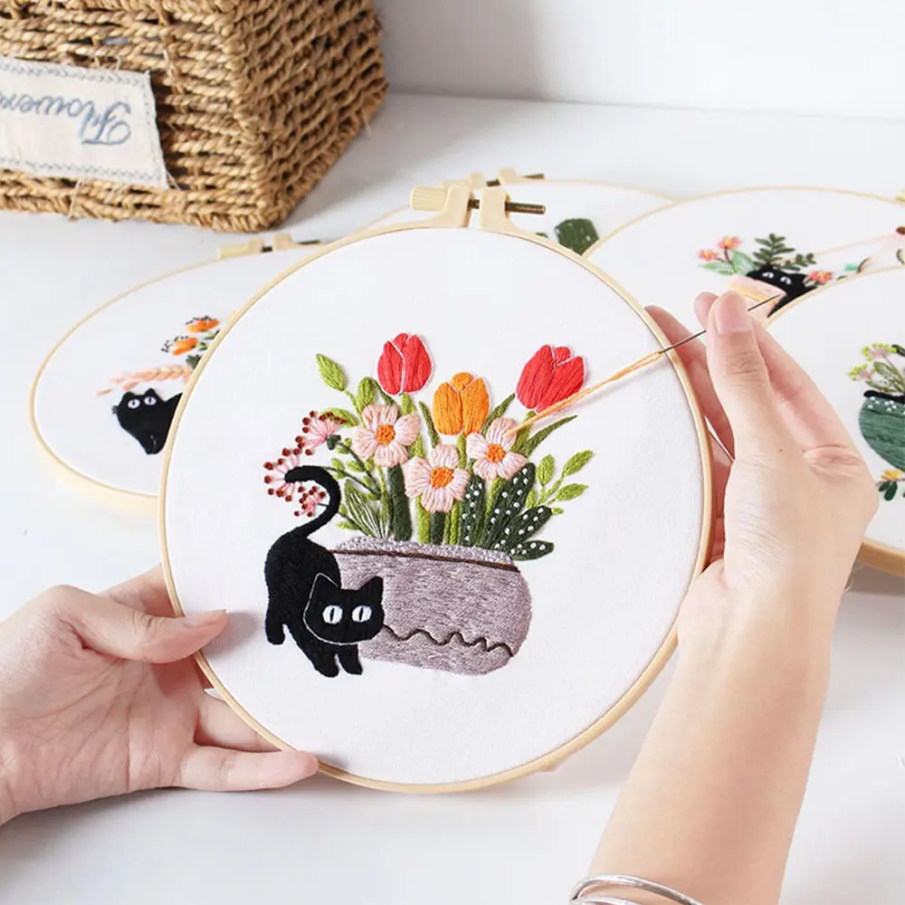 DIY Embroidery Needlework Kit Tool For Beginners Home Sewing Handcraft Embroidered Set Dynamic Black Cat Pattern Wall Decoration