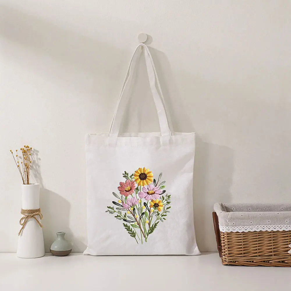1Set DIY Embroidery Cross Stitch Kit Needlepoint Flowers Black Canvas Reusable Woman's Shopping Bag Handicraft Sewing Materials