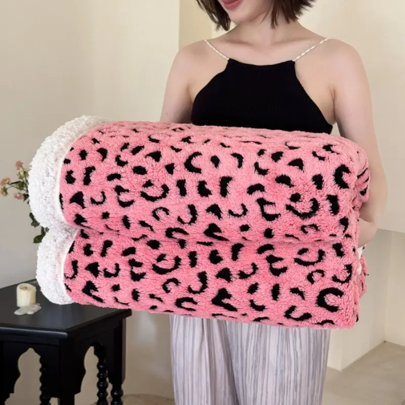 Leopard Throw Blanket Pink AB Side Jacquard Velvet Lamb Cashmere White Warm Blanket for Kids Adults Sofa Couch Bed 180*200cm