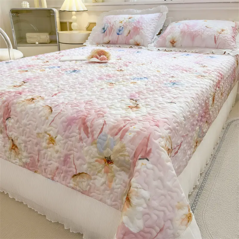 1pc Fresh Flower Bedspread,Lyocell+Polyester Cooling Bed Skirt,Summer Quilt Blanket,Floral Bed Cover Linens Home Decor 150*230cm