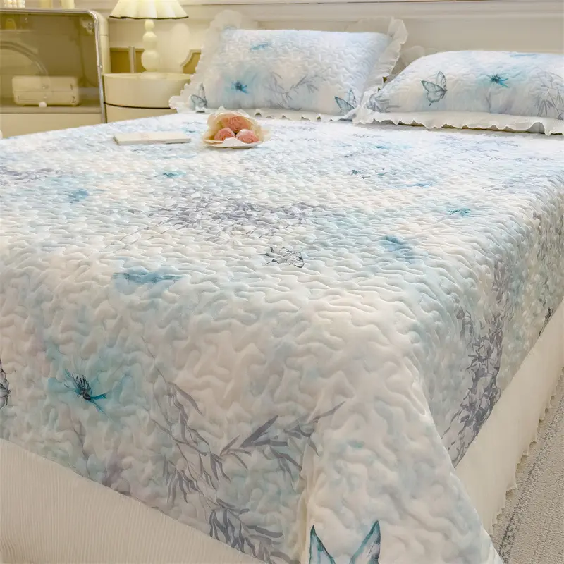 1pc Fresh Flower Bedspread,Lyocell+Polyester Cooling Bed Skirt,Summer Quilt Blanket,Floral Bed Cover Linens Home Decor 150*230cm