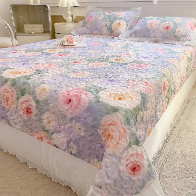 1pc Fresh Flower Bedspread,Lyocell+Polyester Cooling Bed Skirt,Summer Quilt Blanket,Floral Bed Cover Linens Home Decor 150*230cm