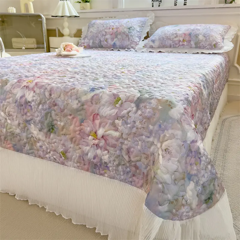 1pc Fresh Flower Bedspread,Lyocell+Polyester Cooling Bed Skirt,Summer Quilt Blanket,Floral Bed Cover Linens Home Decor 150*230cm
