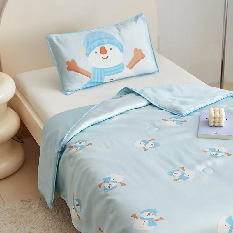 Summer Quilt 100% Tencel Premium Bedding Throws for Kids Cartoon Blue Snowman Patchwork Quilt Eucalypt Lyocell Fiber