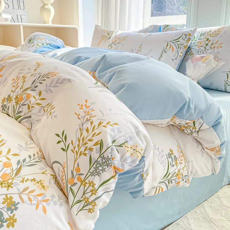 Pure Cotton Bedding Set,Fresh Floral Duvet Cover+Pillowcase+Flat Sheet For Kids Adults Summer Twin Queen King Home Bedding Gift
