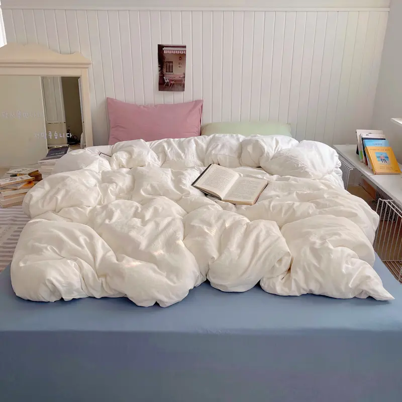 Soft Washed Cotton Bedding Set,Mix Color,Duvet Cover+pillowcase+Sheet,Skin-friendly Bed Linens For kids Adult For Four Sesaon