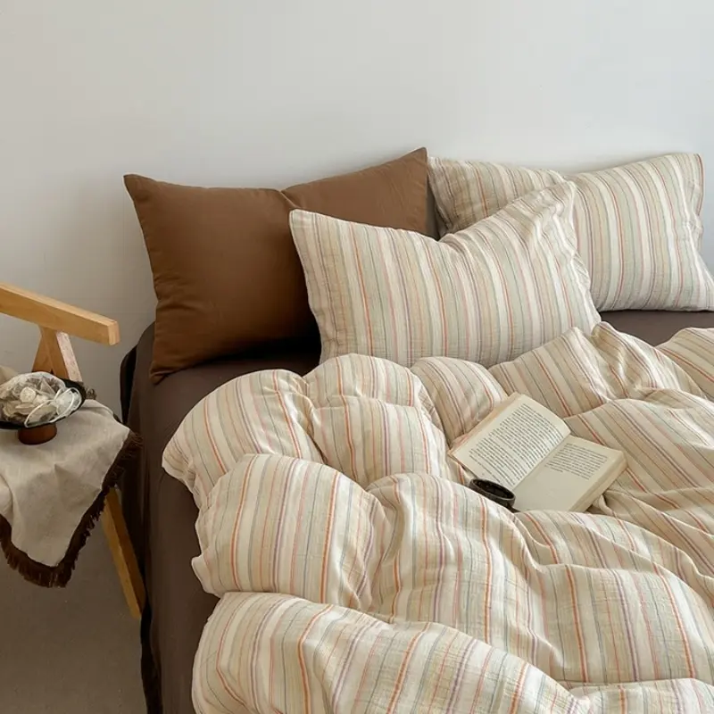 Soft Washed Cotton Bedding Set,Striped Grid Duvet Cover Flat Sheet Pillowcase for Four Season Twin Queen Adult Home Bed Linens