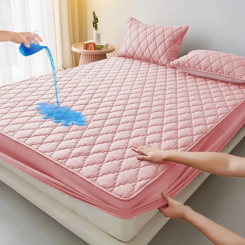 1pc Waterproof Fitted Sheet,Blue Washed Cotton Mattress Cover Thicken Mattress Protector For Single/Double Bed Linens Customized