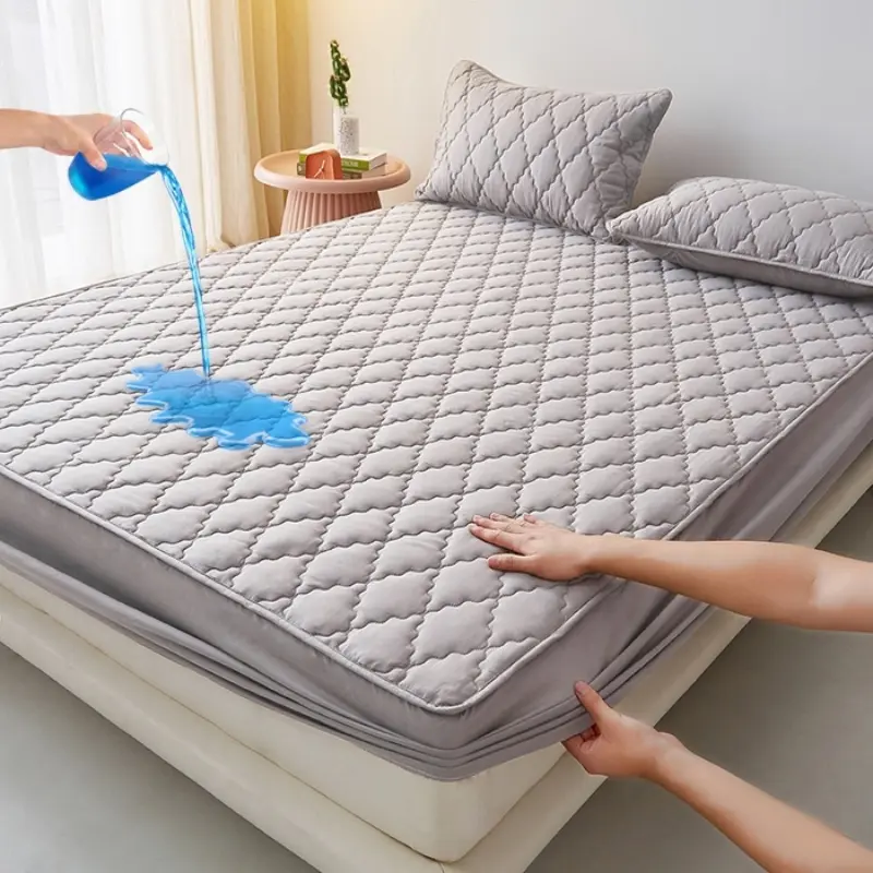 1pc Waterproof Fitted Sheet,Blue Washed Cotton Mattress Cover Thicken Mattress Protector For Single/Double Bed Linens Customized