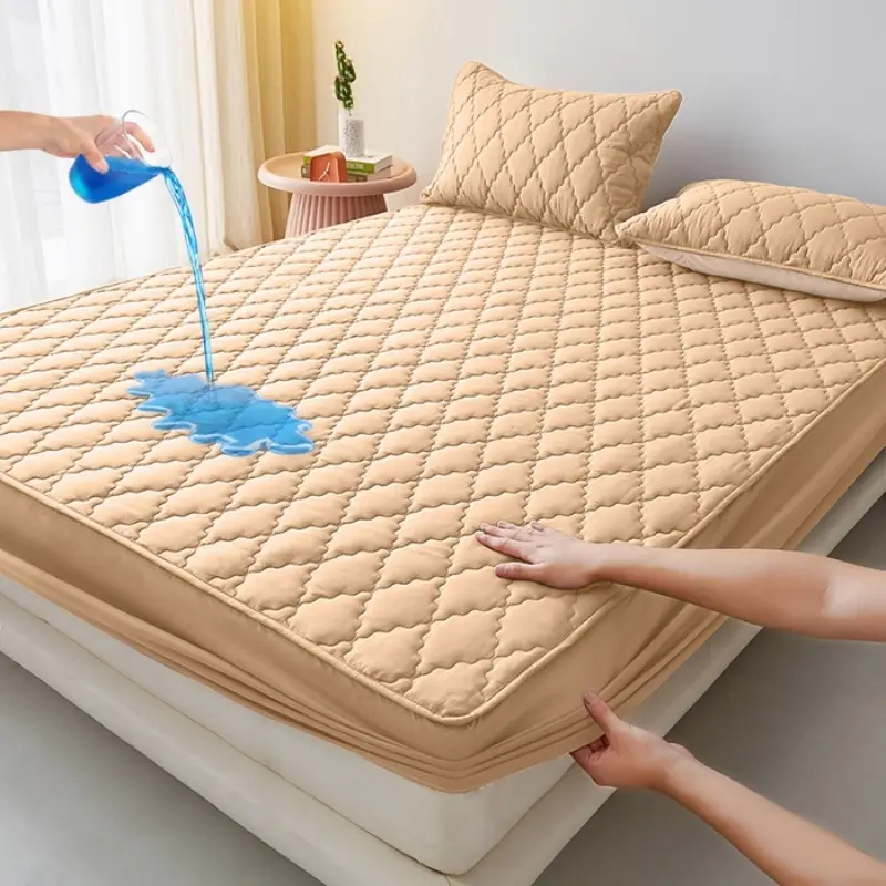 1pc Waterproof Fitted Sheet,Blue Washed Cotton Mattress Cover Thicken Mattress Protector For Single/Double Bed Linens Customized