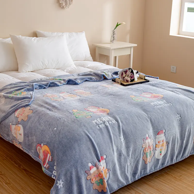 Merry Christmas Blanket For Couch Bed Sofa Xmas Decor Snowflake Velvet Santa Claus Elk Printing Fleece Bed Sheet Sofa Cover Grey
