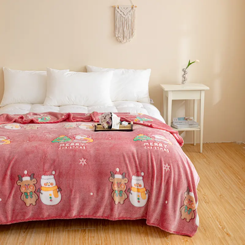 Merry Christmas Blanket For Couch Bed Sofa Xmas Decor Snowflake Velvet Santa Claus Elk Printing Fleece Bed Sheet Sofa Cover Grey