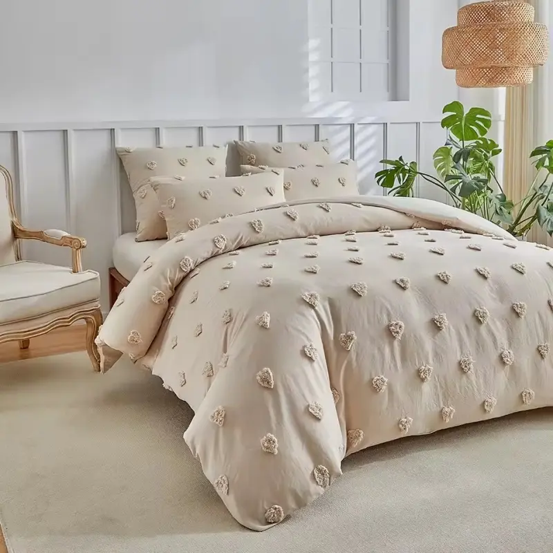 Tufted Love Duvet Cover Set,2/3pcs Polyester Khaki Heart Quilt Cover+Pillowcase,US Single King Bed Linens roupa de cama casal