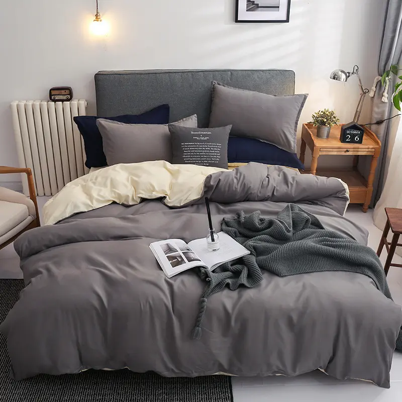 3/4 Pcs Solid Dual-Tone Ultra-Soft Bedding Set,Simple Duvet Cover Flat Sheet Pillowcase.Thick Polyester Adult Home Textile King