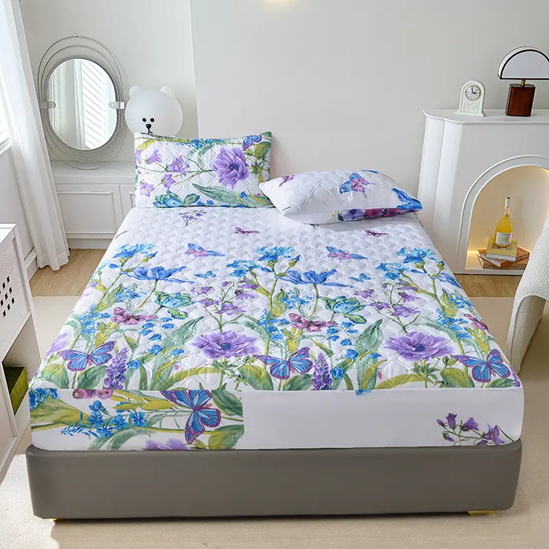 Quilted Fitted Sheet with Elastic Band,Heart Mattress Cover,Gold Floral Mattress Protector for Single Double Bed Drop Shipping