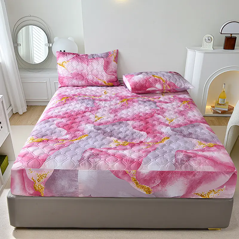Quilted Fitted Sheet with Elastic Band,Heart Mattress Cover,Gold Floral Mattress Protector for Single Double Bed Drop Shipping