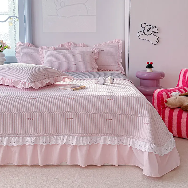 1/3pc Quilted Bedspread or Bed Cover with Pillowcase Set,Microfiber Korean Little Heart,Mattress Topper Big Sheet cama solteiro