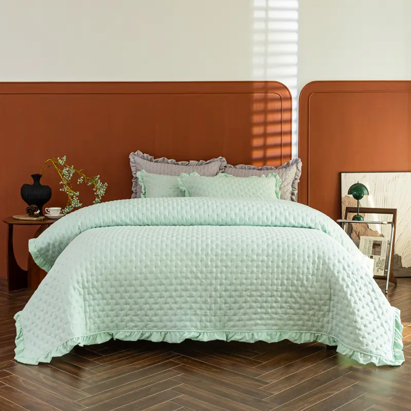 1pc Quilted Bedspread with Ruffle,Washed Cotton Bed Cover Or 2pcs Pillowcase,White Patchwork,Grey Mattress Topper Sheet 220*240