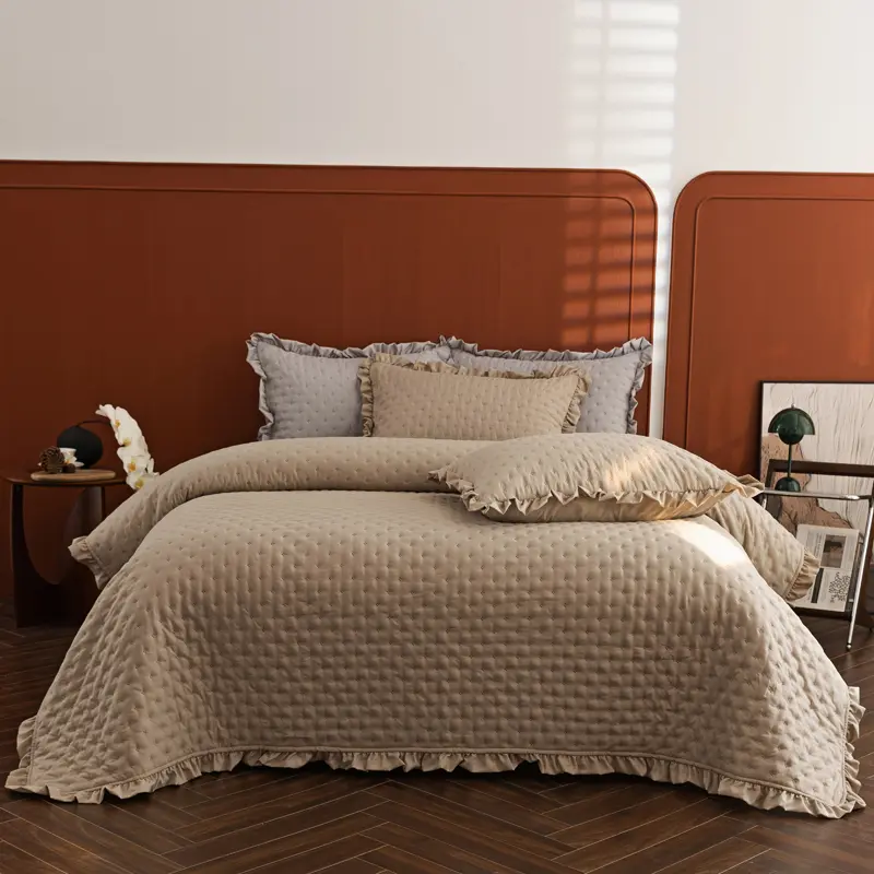 1pc Quilted Bedspread with Ruffle,Washed Cotton Bed Cover Or 2pcs Pillowcase,White Patchwork,Grey Mattress Topper Sheet 220*240