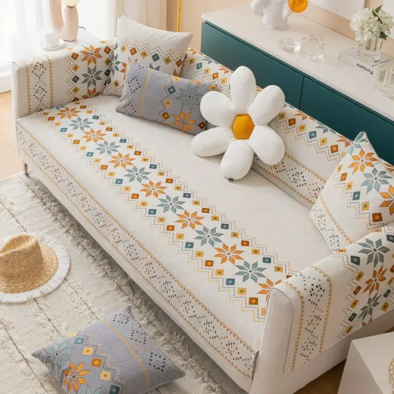 Soft Smooth Thicken Chenille Quilted Sofa Towel Embroidery Anti-slip Sofa Cover Furniture Protector Cover Bay Window Mat