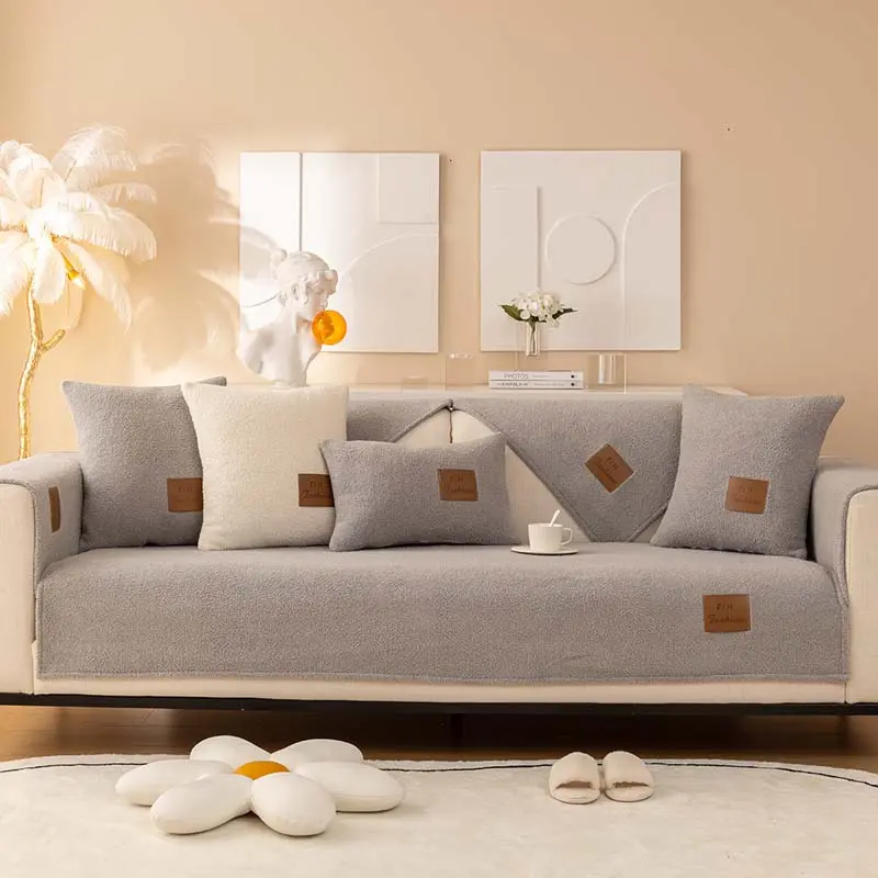 Winter Warm Thicken Lamb Plush Sofa Towel Fashion Solid Color Soft Sectional Sofa Covers for Living Room Non-slip Couch Cover