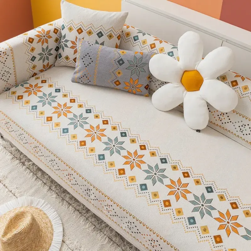 Soft Smooth Thicken Chenille Quilted Sofa Towel Embroidery Anti-slip Sofa Cover Furniture Protector Cover Bay Window Mat