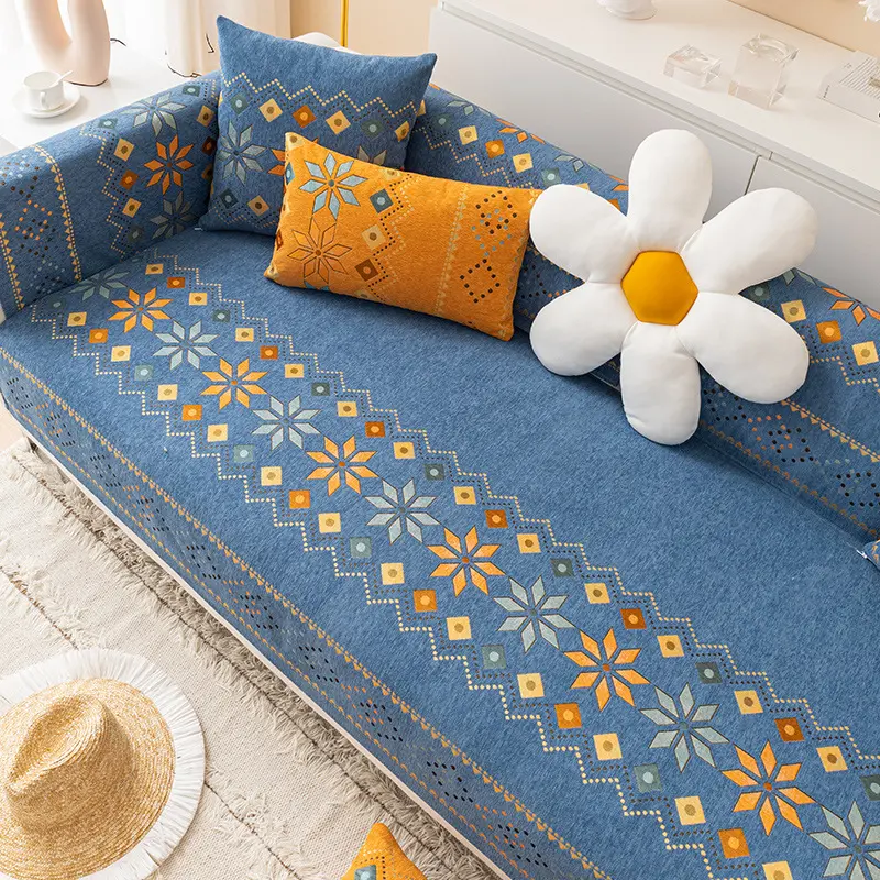 Soft Smooth Thicken Chenille Quilted Sofa Towel Embroidery Anti-slip Sofa Cover Furniture Protector Cover Bay Window Mat