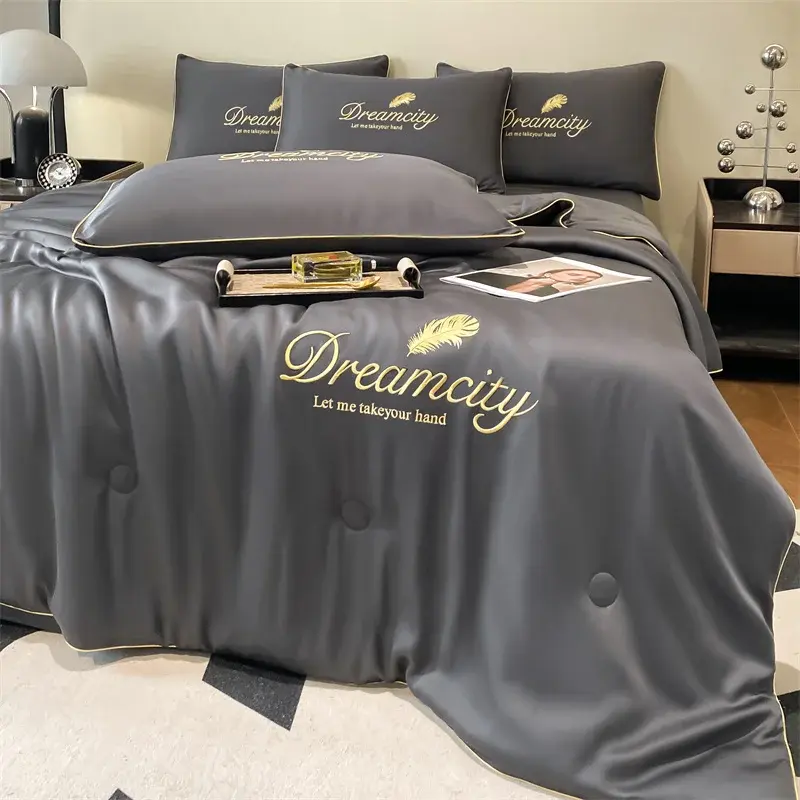 1pc Light Luxury Soft Cooling Summer Quilt Ice Silk Air-conditioning Embroidery Summer Comforter