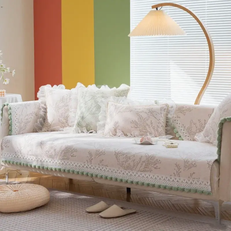 Romantic Chenille Lace Edge Sofa Towel Luxury Retro Sectional Sofa Cover for Living Room Non-Slip Sofa Protector Cover