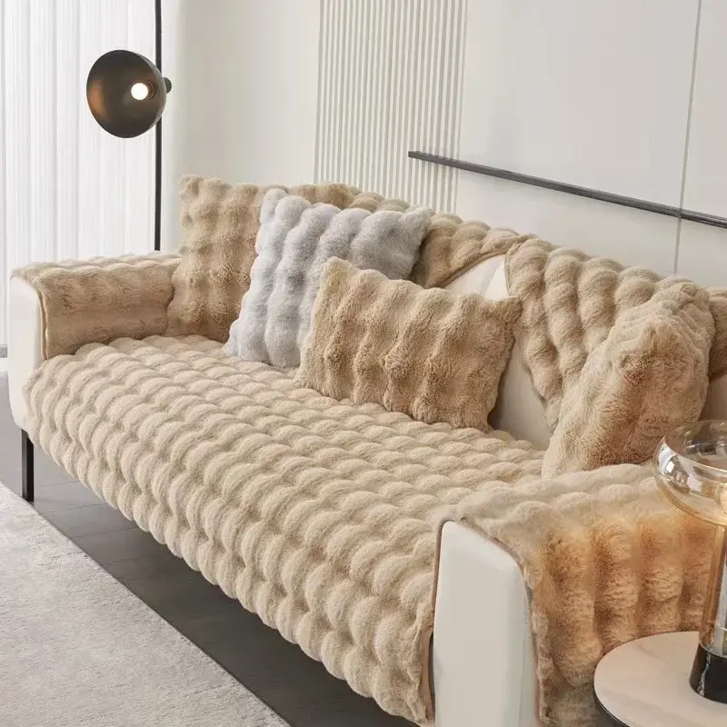 Winter Warm Super Soft Rabbit Plush Sofa Towel Thicken Bubble Velvet Non-slip Sectional Sofa Cover Non-slip L-shaped Couch Cover