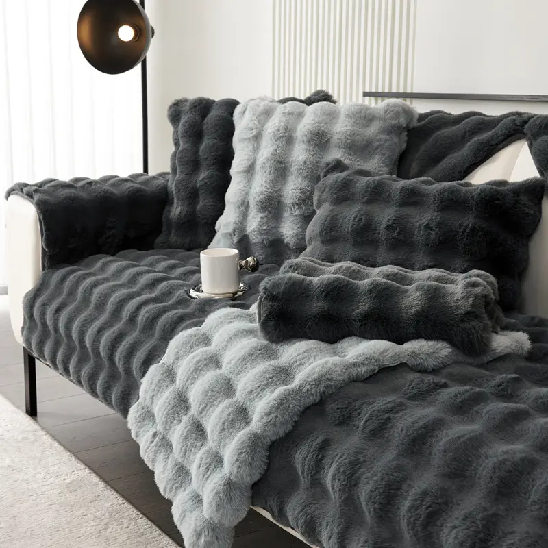 1pc Thickened rabbit plush sofa cushion winter warm and non-slip imitation fur sofa seat cushion