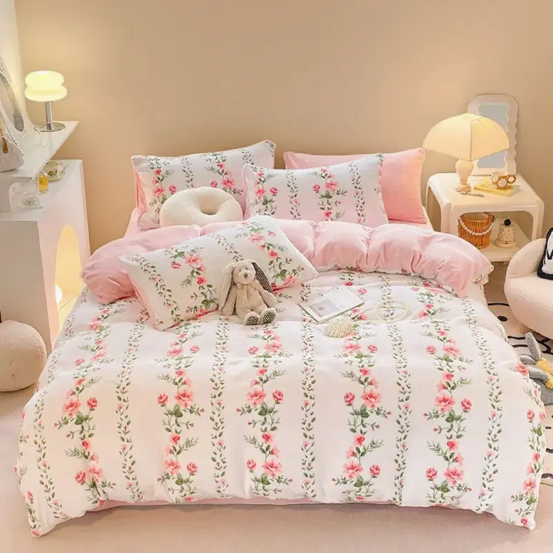 Thick Warm Velvet Plush 4pcs Set Super Soft Flannel Quilt Cover Double-side Bed Sheet Queen Size Coral Fleece Duvet Cover
