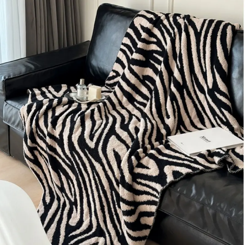 Nordic style zebra striped half flannel blanket, office nap blanket  sofa decorative blanket, air travel blanket