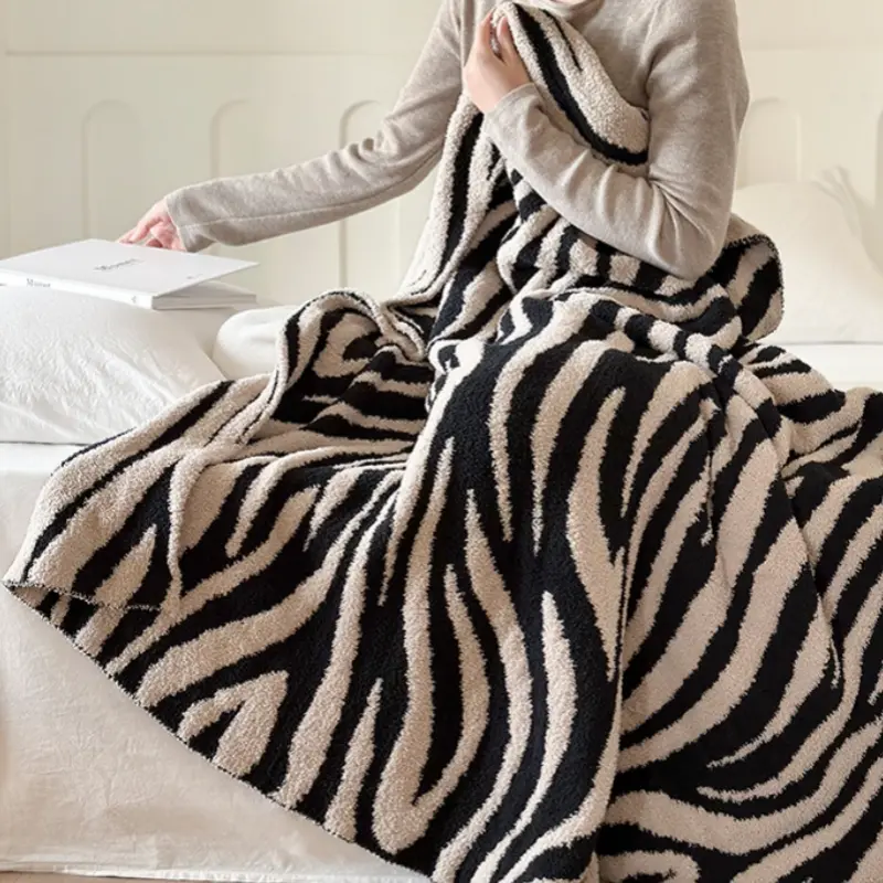 Nordic style zebra striped half flannel blanket, office nap blanket  sofa decorative blanket, air travel blanket