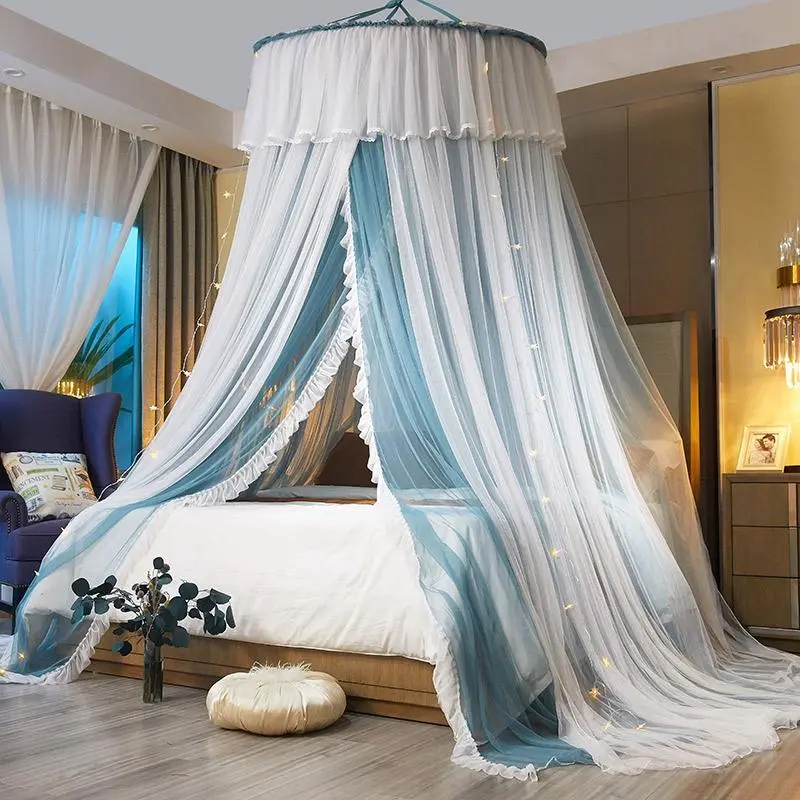 Princess Hung Dome Mosquito Net with String Light King Queen Szie Double Layer Lace Bed Mantle Insect Reject Bed Canopy
