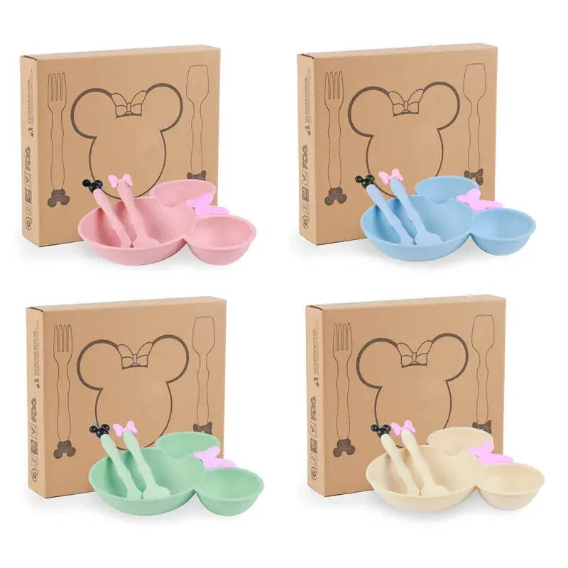 4Pcs Disney Mickey Mouse Baby Divided Complementary Food Plate for Kids Dinner Plates Spoon Set Girls Dinnerware Tableware